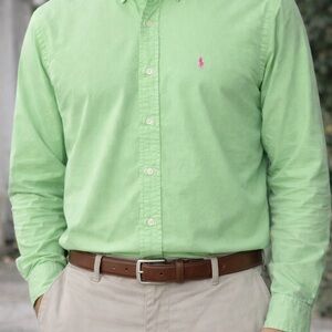 Ralph Lauren Men’s Pastel Green Button-Down Oxford Shirt with Pink Pony
